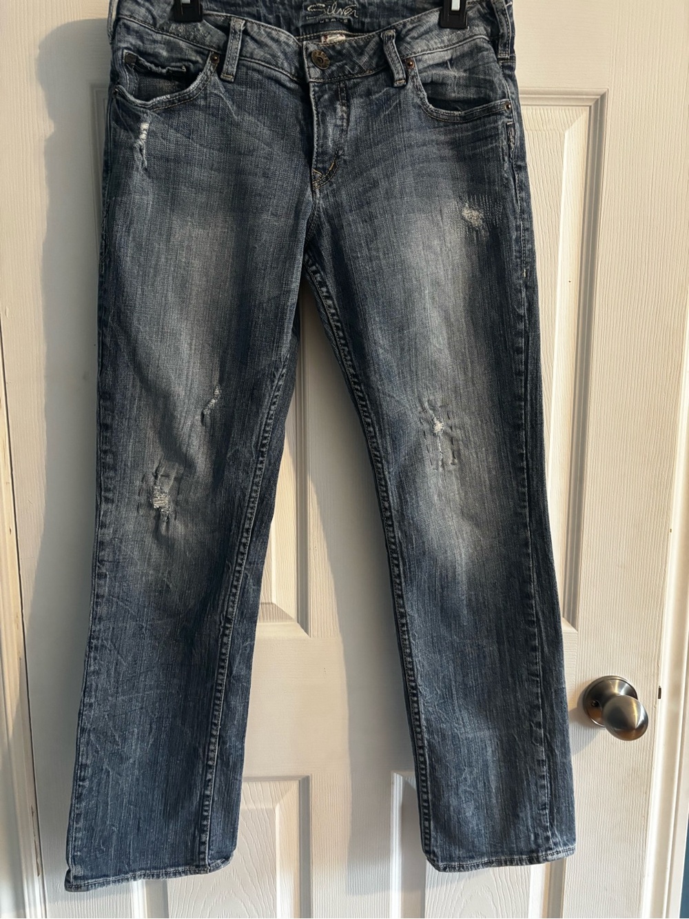 Silver Jeans SAM Women's Straight-Leg Jeans, distressed with patchwork